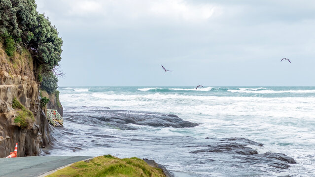 Muriwai Beach with big sea waves in bad weather: A Storm at New Zealand North Island Coast