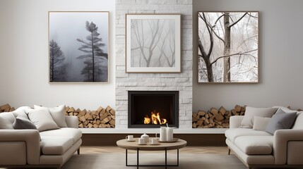 two images showing a fireplace in the room, in the style of minimalist grids, sabattier filter, white and gold, clear edge definition, nature-inspired, light white and white, asymmetrical framing