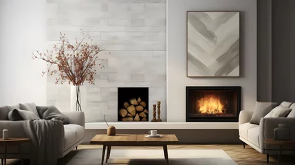 Fotobehang two images showing a fireplace in the room, in the style of minimalist grids, sabattier filter, white and gold, clear edge definition, nature-inspired, light white and white, asymmetrical framing © Muzikitooo