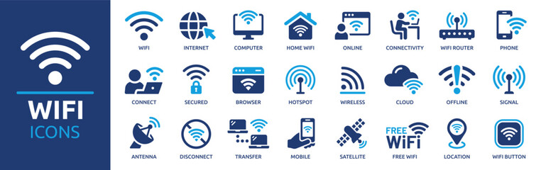 Wifi icon set. Containing online, signal, wireless, internet, computer, connect, hotspot, offline, wifi router and more. Vector solid icons collection. - obrazy, fototapety, plakaty