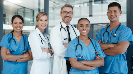 Medical, team of doctors or healthcare nurse in hospital for vision, motivation or leadership in...
