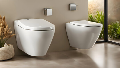 Fototapeta na wymiar Modern luxury toilet, enclosed dual flush toilet, granite tiled bathroom.