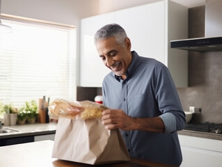 Fototapeta na wymiar A man opens shopping bags in the kitchen