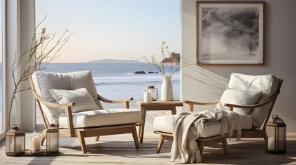 Fotobehang five images with two chairs and furniture with two photos of photos, in the style of airy and light, romantic atmosphere, vray, light white and brown, grid, cabincore, timeless elegance © Muzikitooo