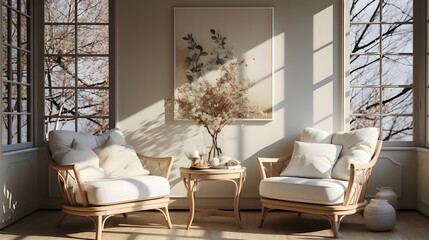 five images with two chairs and furniture with two photos of photos, in the style of airy and light, romantic atmosphere, vray, light white and brown, grid, cabincore, timeless elegance