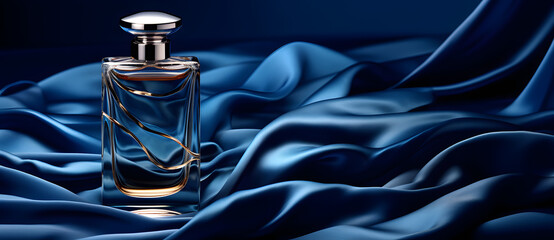 Blue silk as a backdrop for high-end perfume bottle advertising 5 - obrazy, fototapety, plakaty
