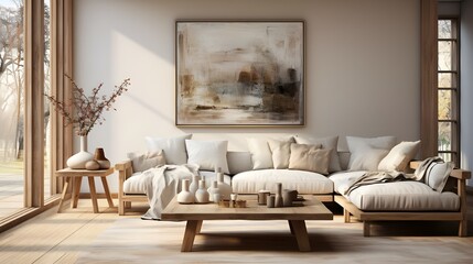 a room in white and light brown colors, in the style of soft, blended brushstrokes, muted colors, danish design, the aesthetic movement, eco-friendly craftsmanship, uhd image, softly blended hues