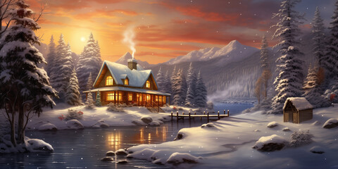 Cozy Winter Cabin: Set the gift in front of a warm and inviting winter cabin scene - obrazy, fototapety, plakaty
