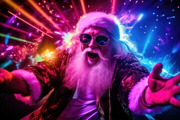 A fiery Christmas party with Santa Claus as a DJ mixing tracks on a DJ mixer. The New Year's party is filled with festive mood and fun. a night of fun. - obrazy, fototapety, plakaty