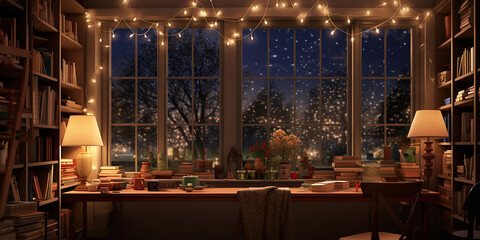 Fototapeta na wymiar Hang an abundance of twinkling holiday lights in the background. 