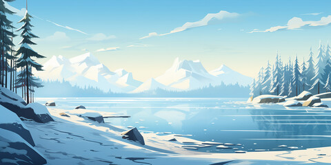 Illustrate a serene natural scene, such as a peaceful beach or a snowy forest - obrazy, fototapety, plakaty