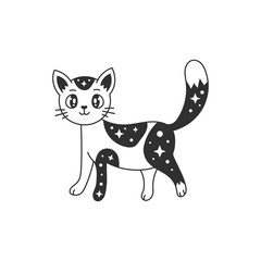 Cute Celestial kitten with stars. Doodle Kawaii cat. Black line art. Childish vector illustration for kids, astrology, esoteric, occult topics.