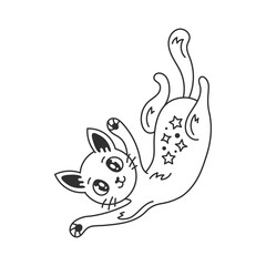 Funny celestial cat with stars in doodle style. Kawaii kitten. Black line art. Weird pose. Cute smiling animal on white background.
