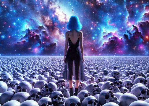 A young woman with blue hair stands in a field of skulls