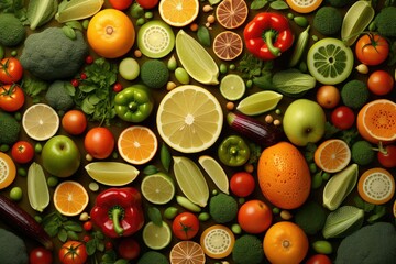 top view of healthy fruits and vegetables background