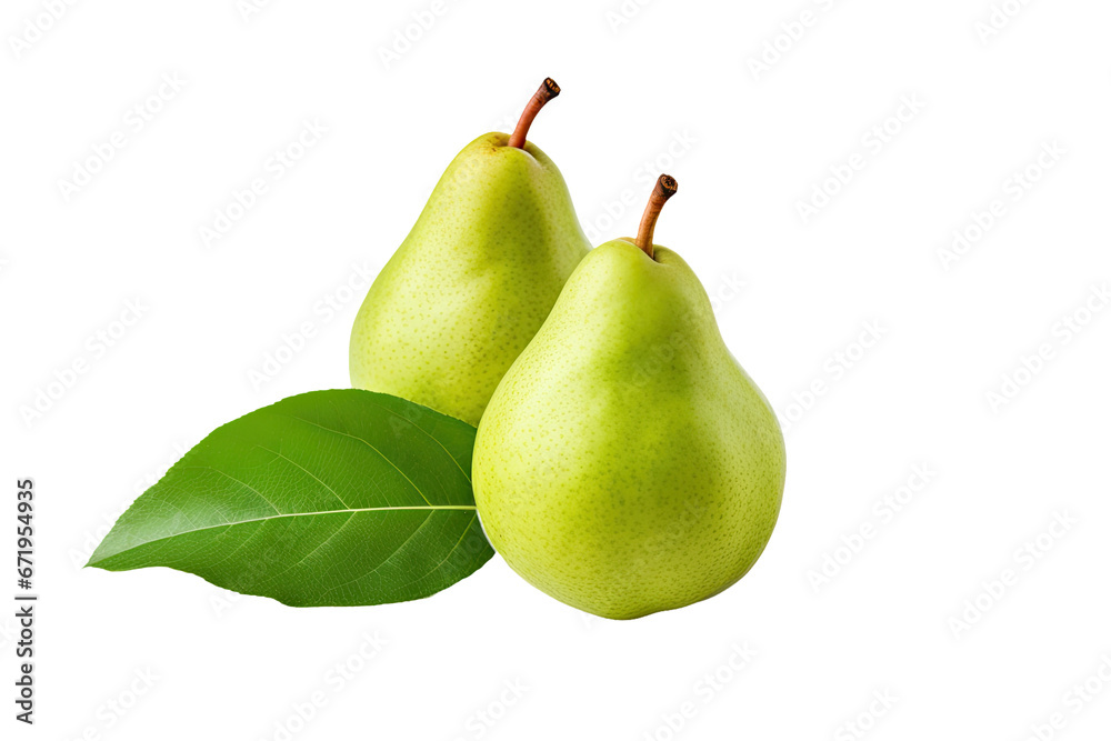 Wall mural One and a half green pear fruit with leaf on white background