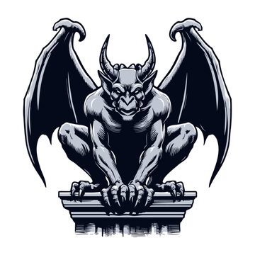 hand-drawn vector illustration sketch of gargoyle drawing silhouette with wings and horns