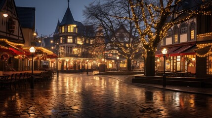 Fototapeta na wymiar A quaint town square illuminated by glowing fairy lights, with charming buildings and a cobbled pathway glistening from recent rain. Outdoor seating under festive canopies adds to the warmth.