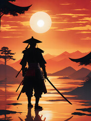 silhouette of a samurai in the sunset
