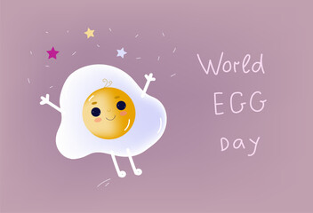 World Egg Day Banner with a cute and smiling fried egg, 3d vector cartoon illustration