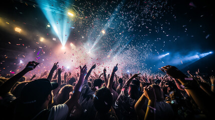 a live rock concert, party, or festival night club with an exuberant crowd cheering. The stage is aglow with vibrant lights, and confetti is falling from above - obrazy, fototapety, plakaty