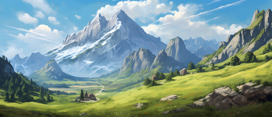 Cartoon style wild alpine meadow landscape 1 - obrazy, fototapety, plakaty
