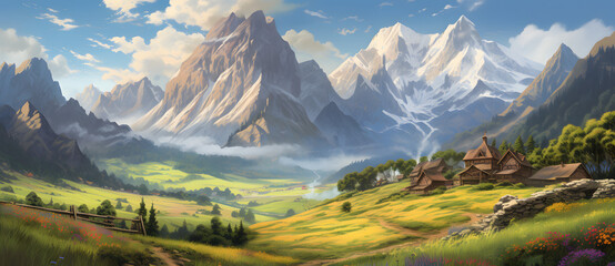 Cartoon style wild alpine meadow landscape 2