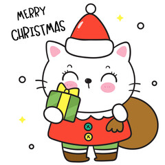 Cat Christmas kawaii kitten with gift baby animal winter cartoon