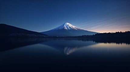 Reflection of mountain in lake at the night hour 