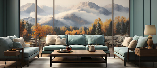 A huge Chinese style landscape painting hangs in the living room Sofas chairs and coffee tables are placed in the living room 3