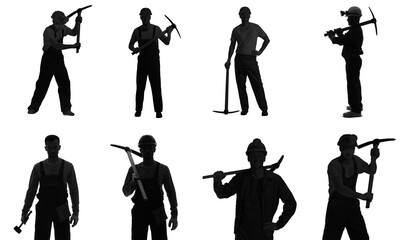 Many silhouettes of male miners on white background