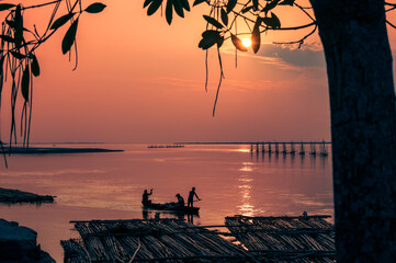 Sunset on the river.  Silhouette of a tree and Fishermen at Brahmaputra River. Dibrugarh, Assam, India.