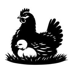 Hen vector silhouette illustration, Chicken with cub vector silhuette