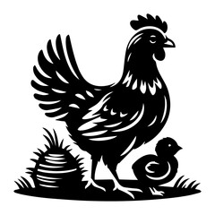 Hen vector silhouette illustration, Chicken with cub vector silhuette