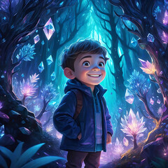 extremely detailed kid in a glowy crystal forest