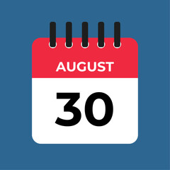 August 30 calendar reminder. 30 August daily calendar icon template. Calendar 30 August icon Design template. Vector illustration