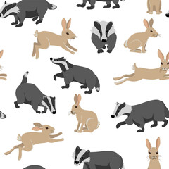 vector drawing seamless pattern with badgers and rabbits, hand drawn animals at white, cartoon style background for children textile or wallpaper