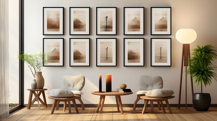 6 poster frame set by artdeco, in the style of natural light, mirror rooms, carl holsoe, opacity and translucency, minimalist textiles, crisp and clean look, use of screen tones