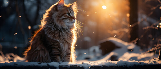 A cat quietly looks up and waits for the photo in the forest snow at sunset 4