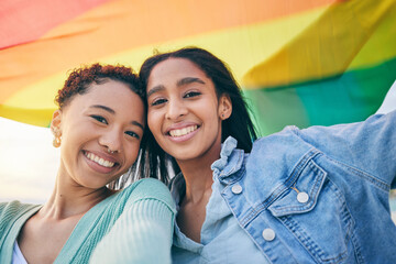 Portrait, happy couple and lesbian with women in selfie, pride flag and lgbt relationship with happiness. Female people smile in picture, gen z youth and gay equality, support and trust with partner