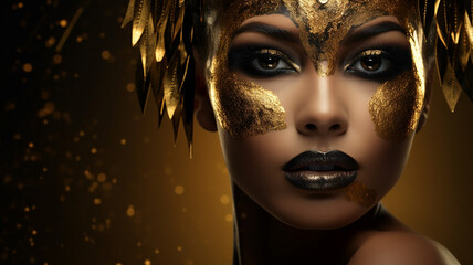 Portrait of beautiful woman with golden make-up and carnival mask generativa IA