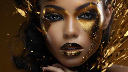 Portrait of a beautiful woman with golden make-up on a gold background. generativa IA