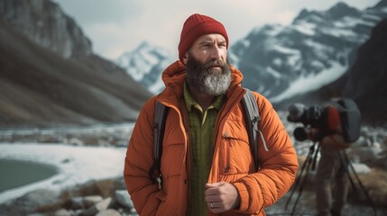Hiker with bagpack in the mountains  - obrazy, fototapety, plakaty