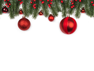 christmas frame with red balls and fir branches