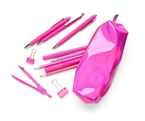 Pink pencil case with different stationery on white background