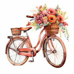 Fototapeta na wymiar bicycle basket flower retro vintage bike watercolor floral romantic beautiful design illustration