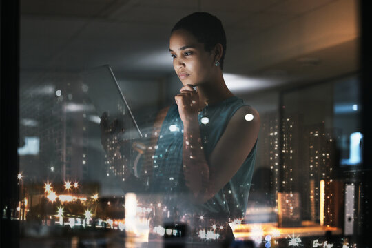 Tablet, thinking overlay and business person review finance analytics, online stock market or Miami city ecommerce. Forex investment night, data analysis and black woman trading NFT or bitcoin crypto