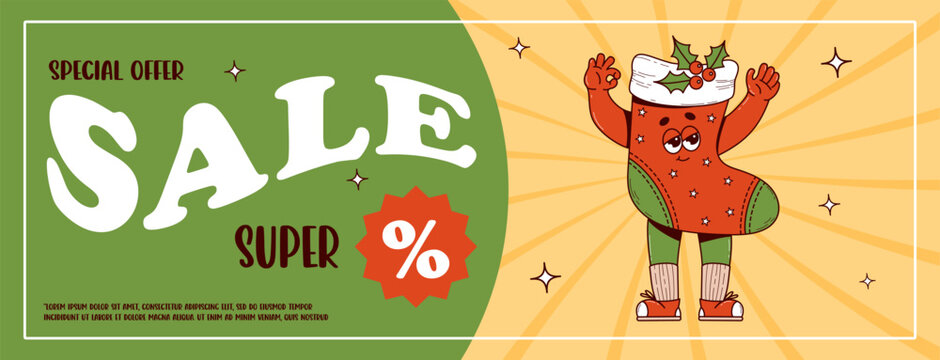Christmas promotion discount sale. Coupon banner with Xmas stocking retro cartoon character. Horizontal vector poster festive decoration for Merry Christmas and New Year.