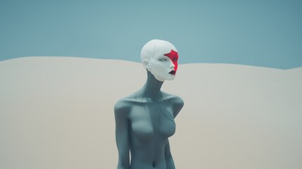 Obraz premium Cyber female robot android with lifeless brown desert dune backdrop, minimal futuristic fashion model, smooth artificial skin, bald head, exaggerated humanoid features. Surreal cyberpunk portrait.