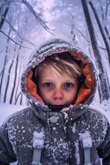 Winter Solitude: Child's Pensive Gaze Amidst Snow-Covered Trees